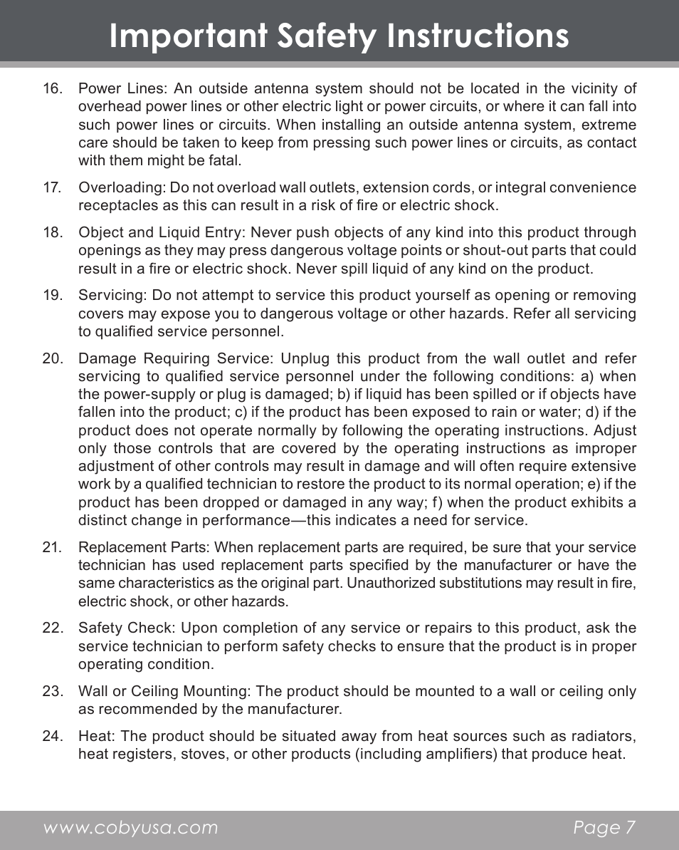 Important safety instructions | COBY electronic DP356 User Manual | Page 7 / 45