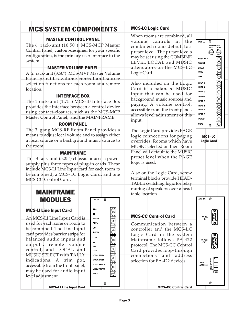 Mainframe modules, Mcs system components, Mcs-li line input card | Master control panel, Master volume panel, Interface box, Room panel, Mainframe, Mcs-lc logic card, Mcs-cc control card | Oxmoor MCS User Manual | Page 3 / 6