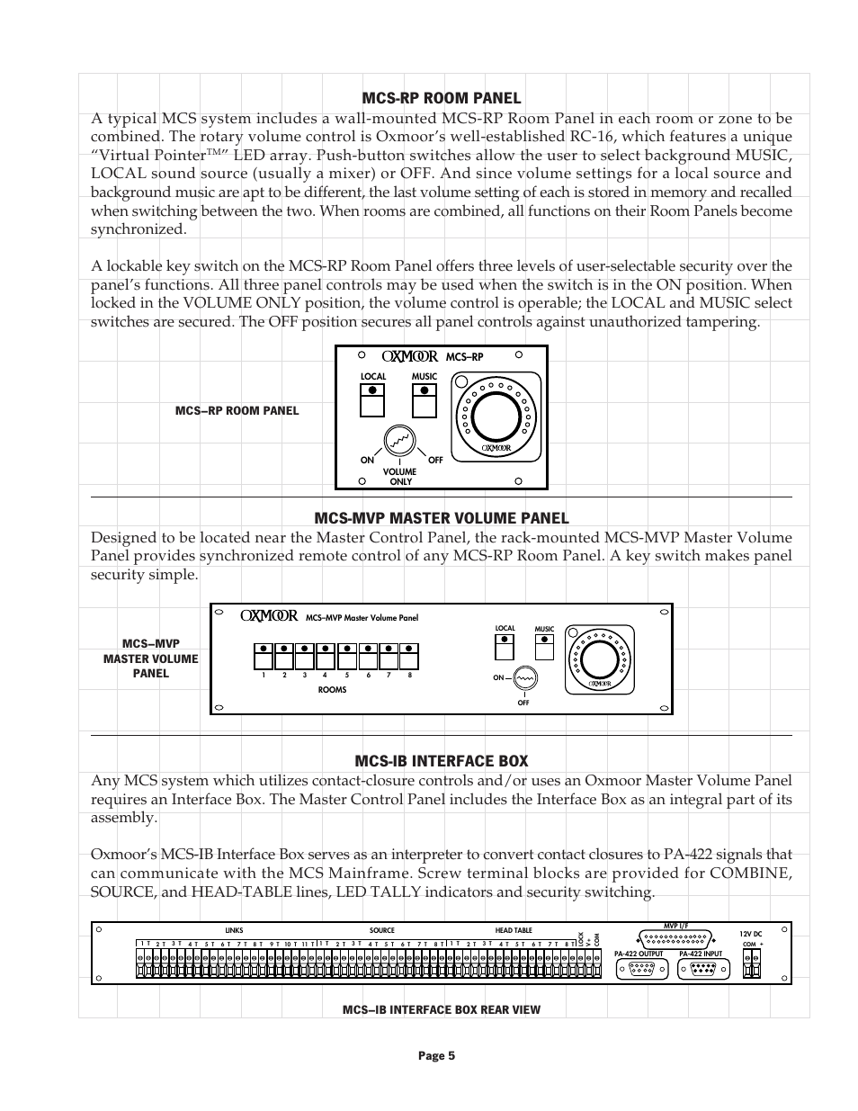 Mcs-ib interface box, Mcs-mvp master volume panel, Mcs-rp room panel | Mcs–rp room panel | Oxmoor MCS User Manual | Page 5 / 6