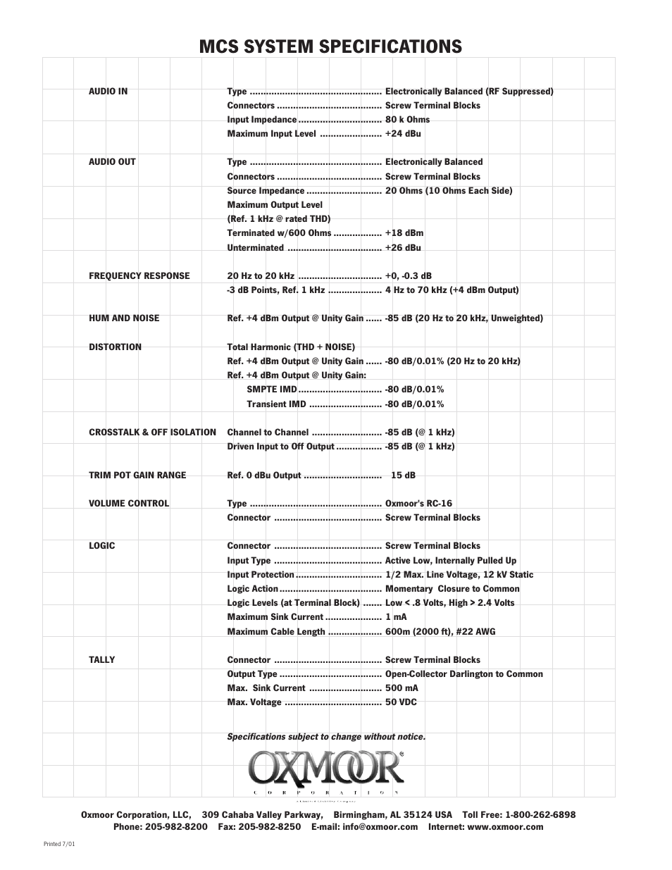 Mcs system specifications | Oxmoor MCS User Manual | Page 6 / 6