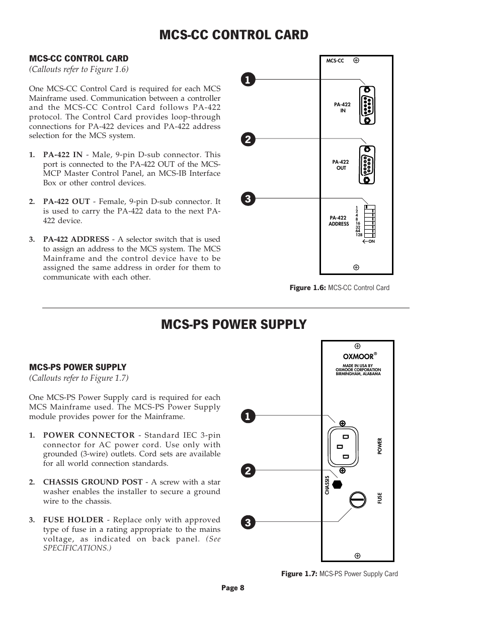 Mcs-cc control card, Mcs-ps power supply, Callouts refer to figure 1.7) | Callouts refer to figure 1.6) | Oxmoor MCS User Manual | Page 10 / 31