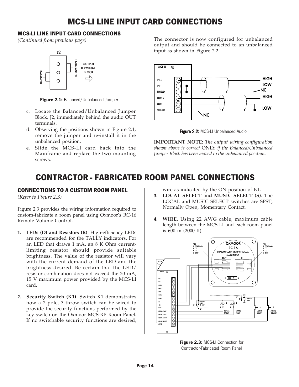 Mcs-li line input card connections, Contractor - fabricated room panel connections, Connections to a custom room panel | Refer to figure 2.3), Continued from previous page), Figure 2.2 | Oxmoor MCS User Manual | Page 16 / 31