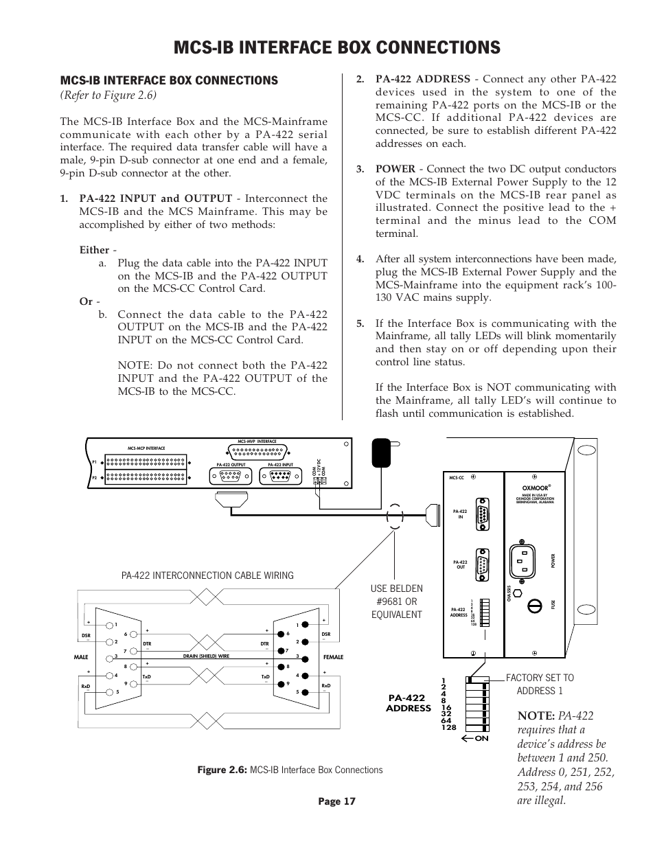 Mcs-ib interface box connections, Refer to figure 2.6), Page 17 | Factory set to address 1 | Oxmoor MCS User Manual | Page 19 / 31