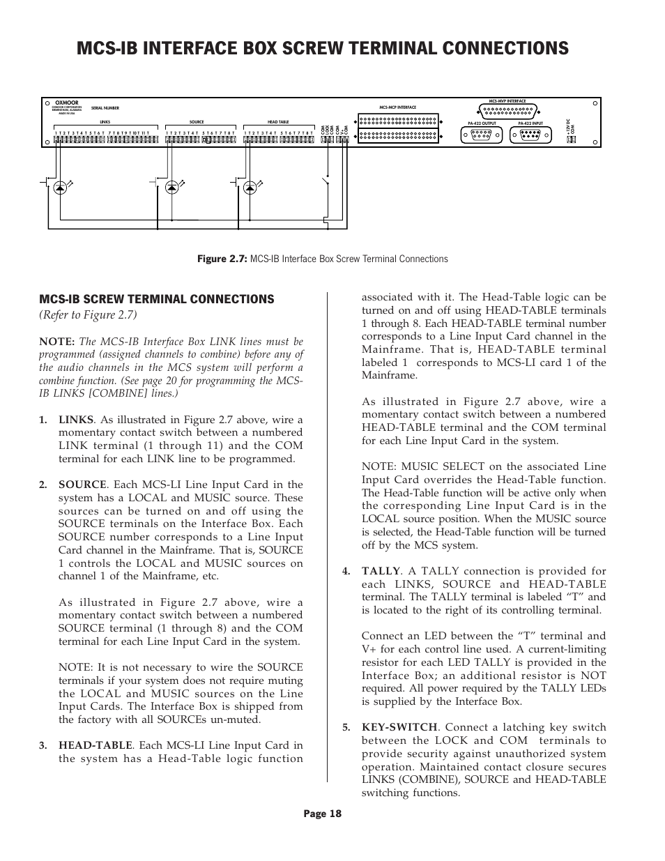 Mcs-ib interface box screw terminal connections, Mcs-ib screw terminal connections, Refer to figure 2.7) | Page 18 | Oxmoor MCS User Manual | Page 20 / 31