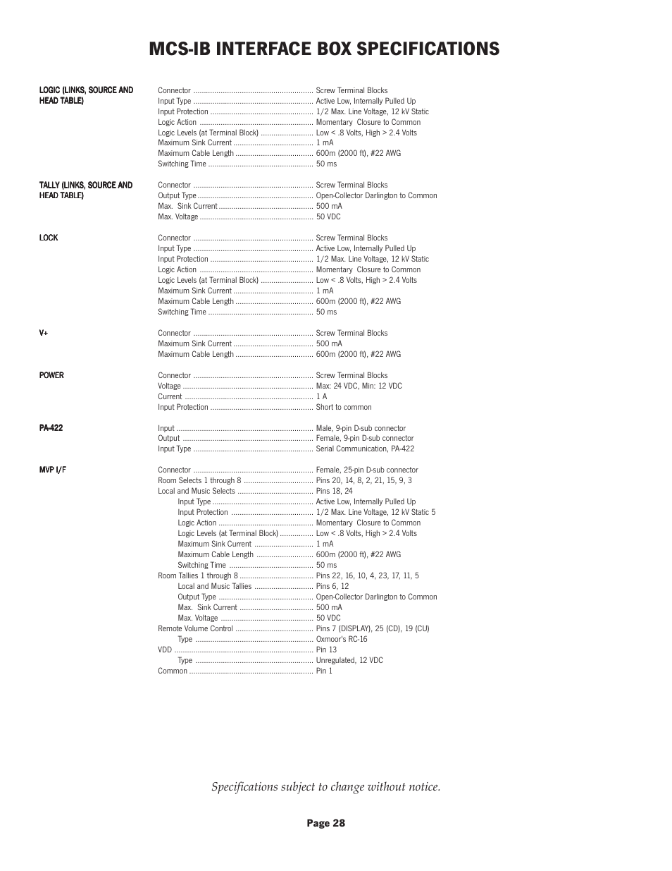 Mcs-ib interface box specifications, Specifications subject to change without notice | Oxmoor MCS User Manual | Page 30 / 31