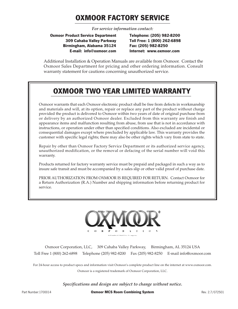 Oxmoor factory service, Oxmoor two year limited warranty, Contact oxmoor | Oxmoor MCS User Manual | Page 31 / 31