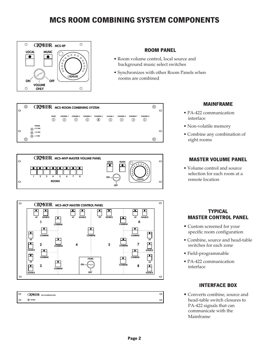 Mcs room combining system components, Typical master control panel, Master volume panel | Mainframe, Room panel, Interface box, Page 2 | Oxmoor MCS User Manual | Page 4 / 31