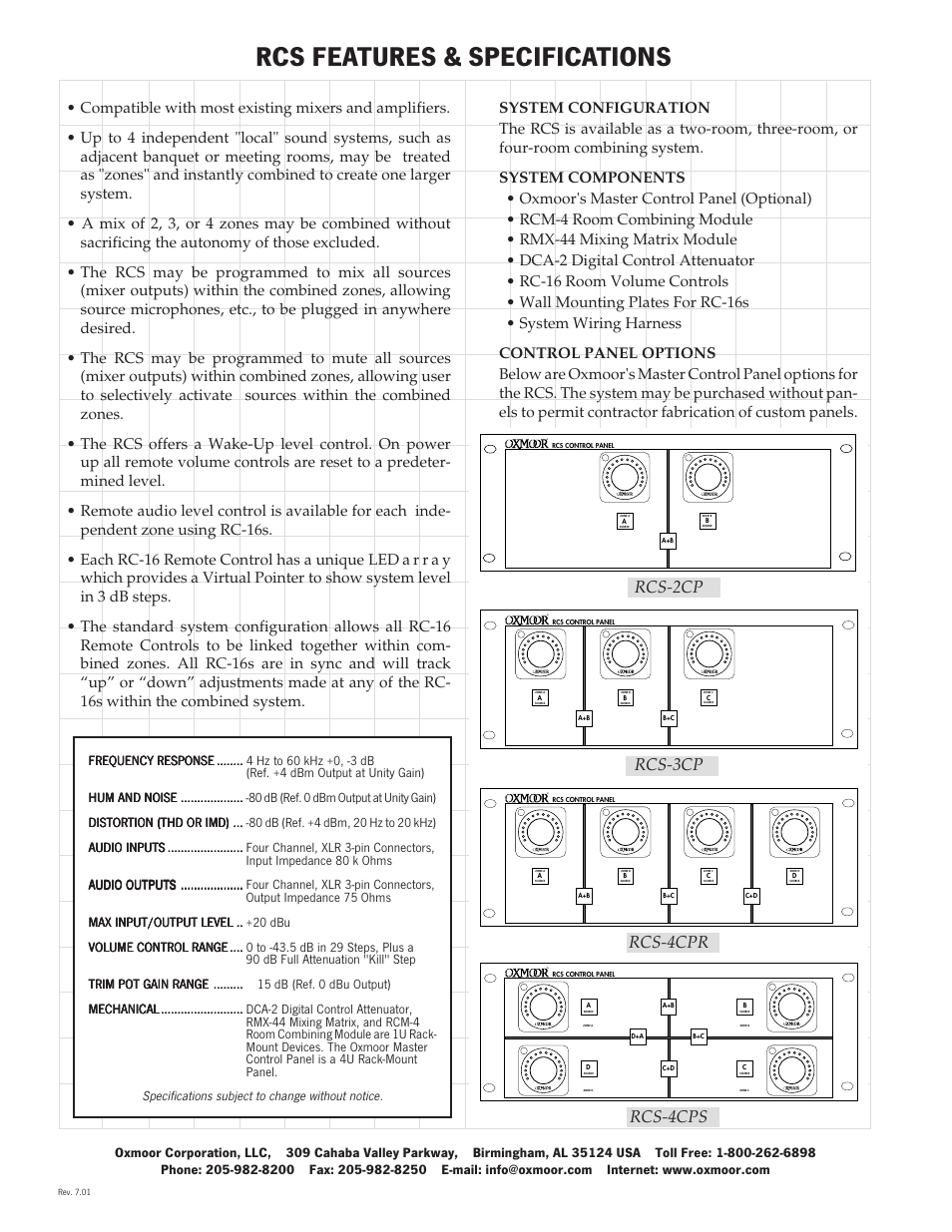 Rcs features & specifications, Rcs-4cps rcs-4cpr rcs-3cp rcs-2cp, Specifications subject to change without notice | Oxmoor RCS User Manual | Page 2 / 2