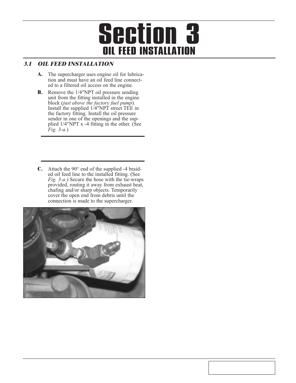 Oil feed installation, Oil feed installation -1 | Paxton Superchargers Small Block Carbureted Ford User Manual | Page 15 / 32