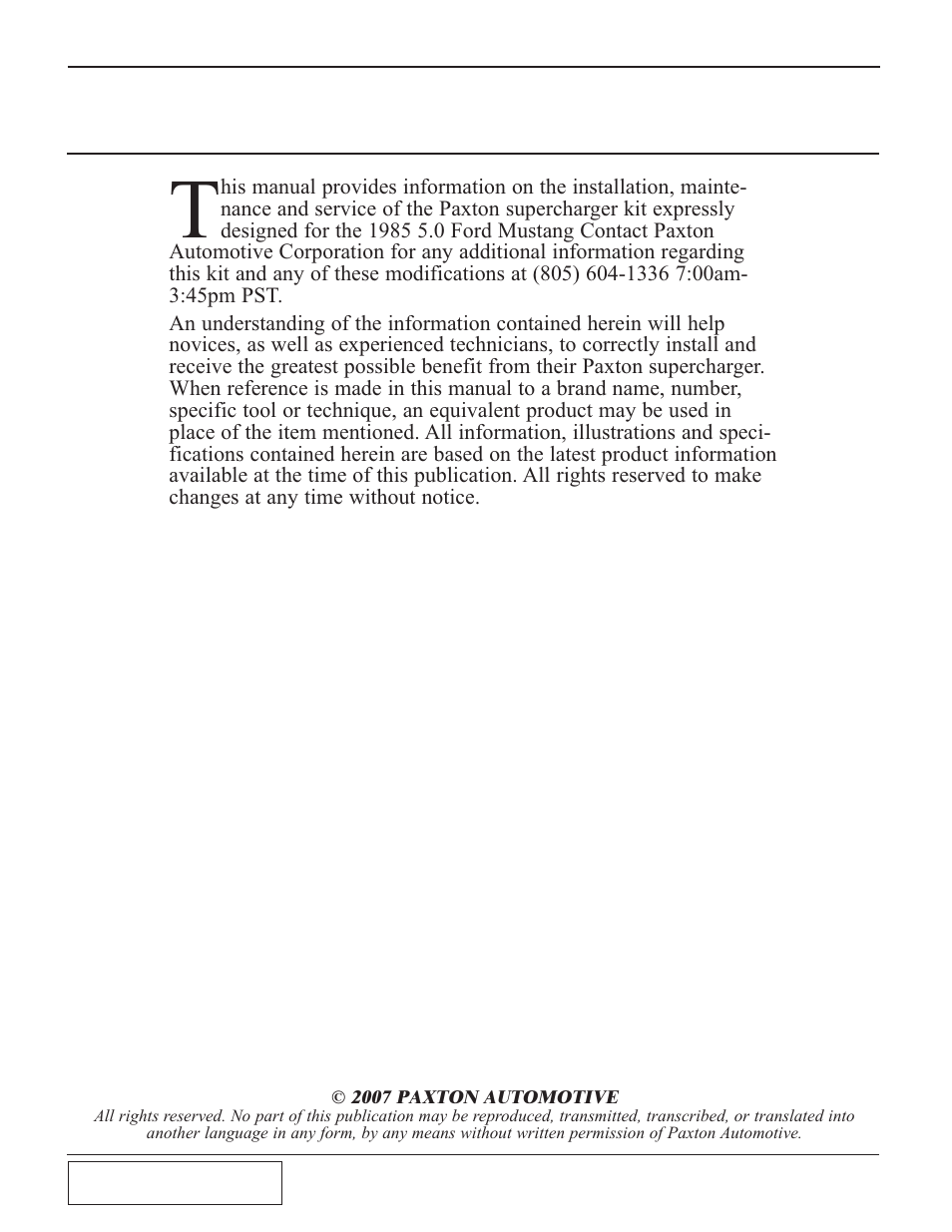 Foreword | Paxton Superchargers Small Block Carbureted Ford User Manual | Page 2 / 32