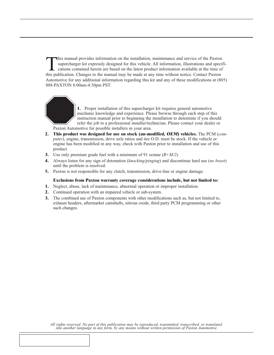 Foreword, Stop | Paxton Superchargers Mustang Novi 1220 User Manual | Page 2 / 32