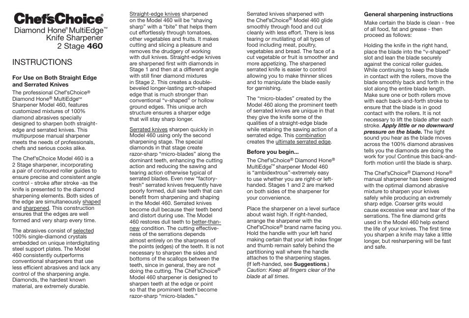 Chef's Choice 2 Stage 460 User Manual | 2 pages