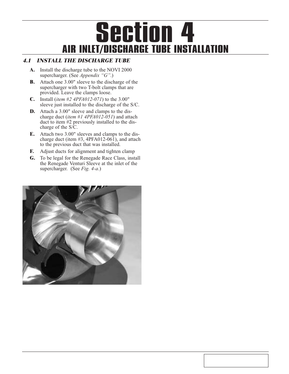 Air inlet / discharge tub, 1 install the discharge tube, Air inlet / discharge tube installation -1 | Install the discharge tube -1, Air inlet/discharge tube installation | Paxton Superchargers Mustang Renegade Class User Manual | Page 11 / 24