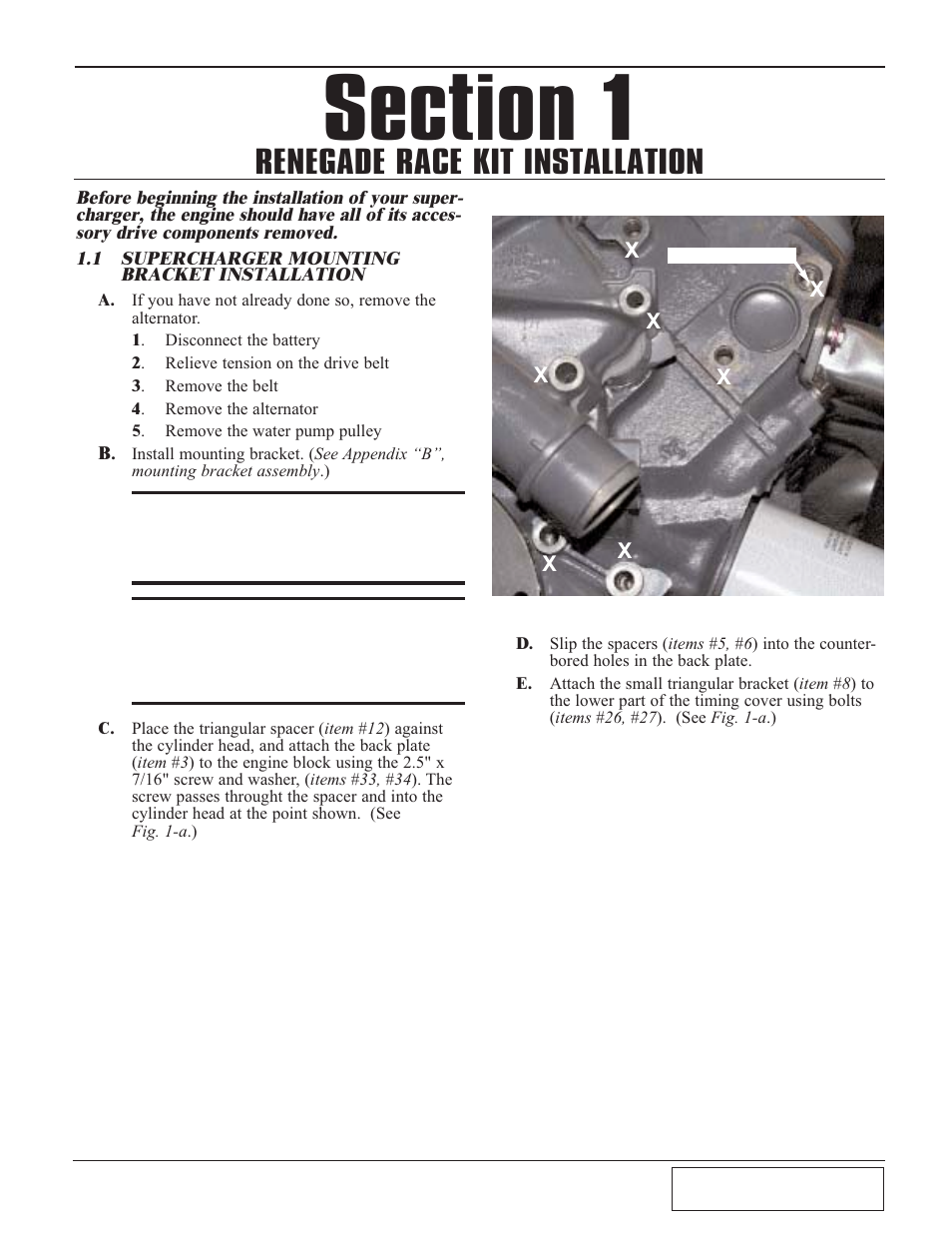 Renegade race kit install, 1 supercharger mounting br, Renegade race kit installation -1 | Supercharger mounting bracket installation -1, Renegade race kit installation | Paxton Superchargers Mustang Renegade Class User Manual | Page 5 / 24