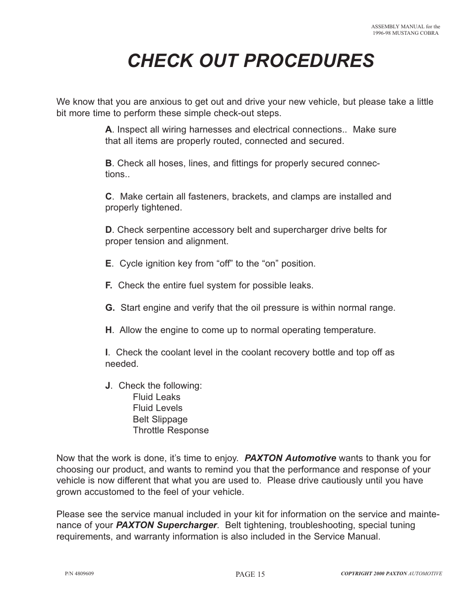 Check out procedures | Paxton Superchargers Ford Mustang Cobra NOVI 2000 User Manual | Page 16 / 17