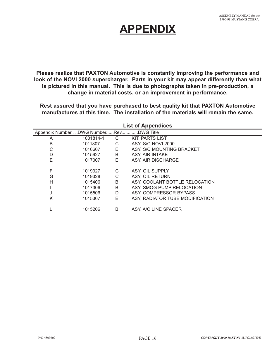 Appendix | Paxton Superchargers Ford Mustang Cobra NOVI 2000 User Manual | Page 17 / 17