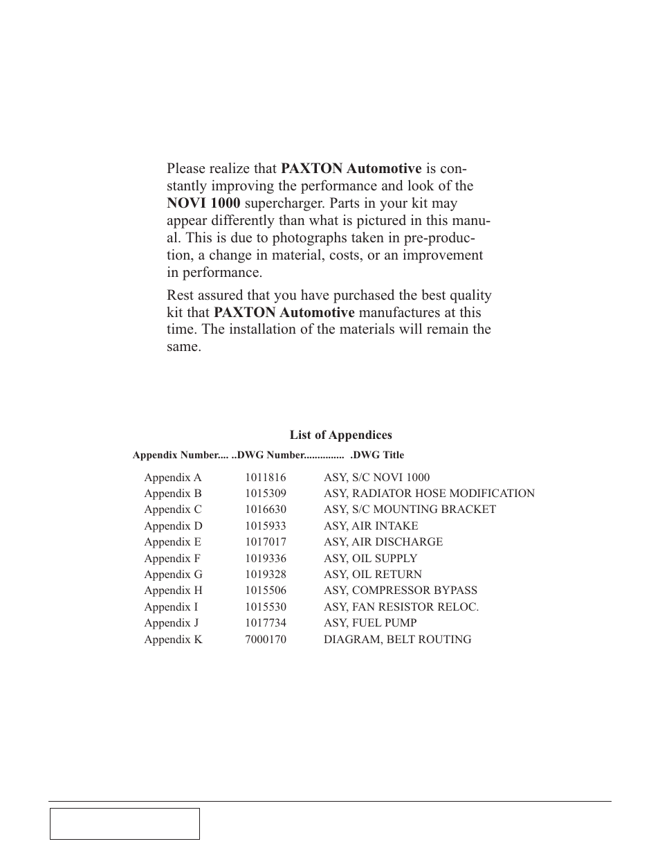 List of appendices, Appendix list | Paxton Superchargers Ford Mustang GT User Manual | Page 32 / 44