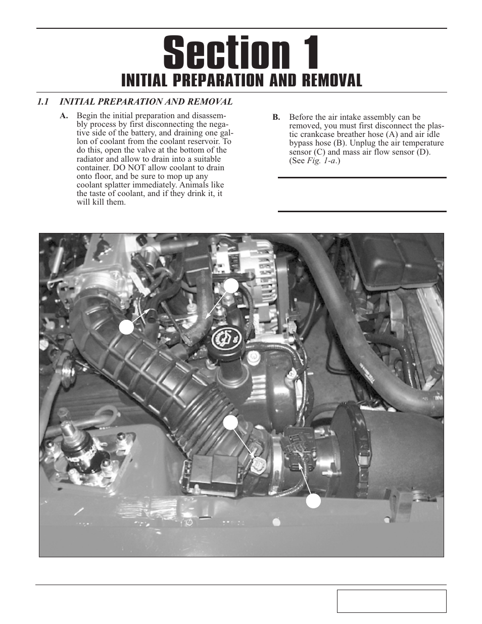 1 initial preparation and, Initial preparation and removal -1, Initial preparation and removal | Paxton Superchargers Ford Mustang GT User Manual | Page 7 / 44