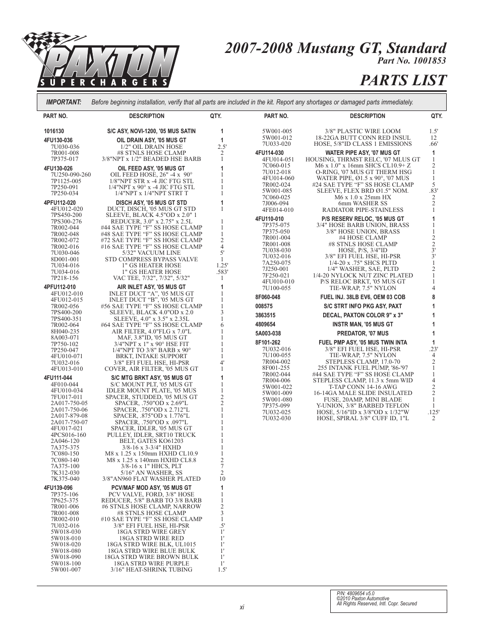 Parts list | Paxton Superchargers Ford Mustang GT User Manual | Page 11 / 85