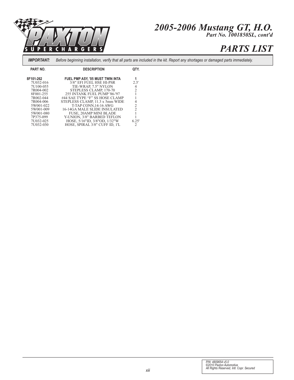 Parts list | Paxton Superchargers Ford Mustang GT User Manual | Page 13 / 85