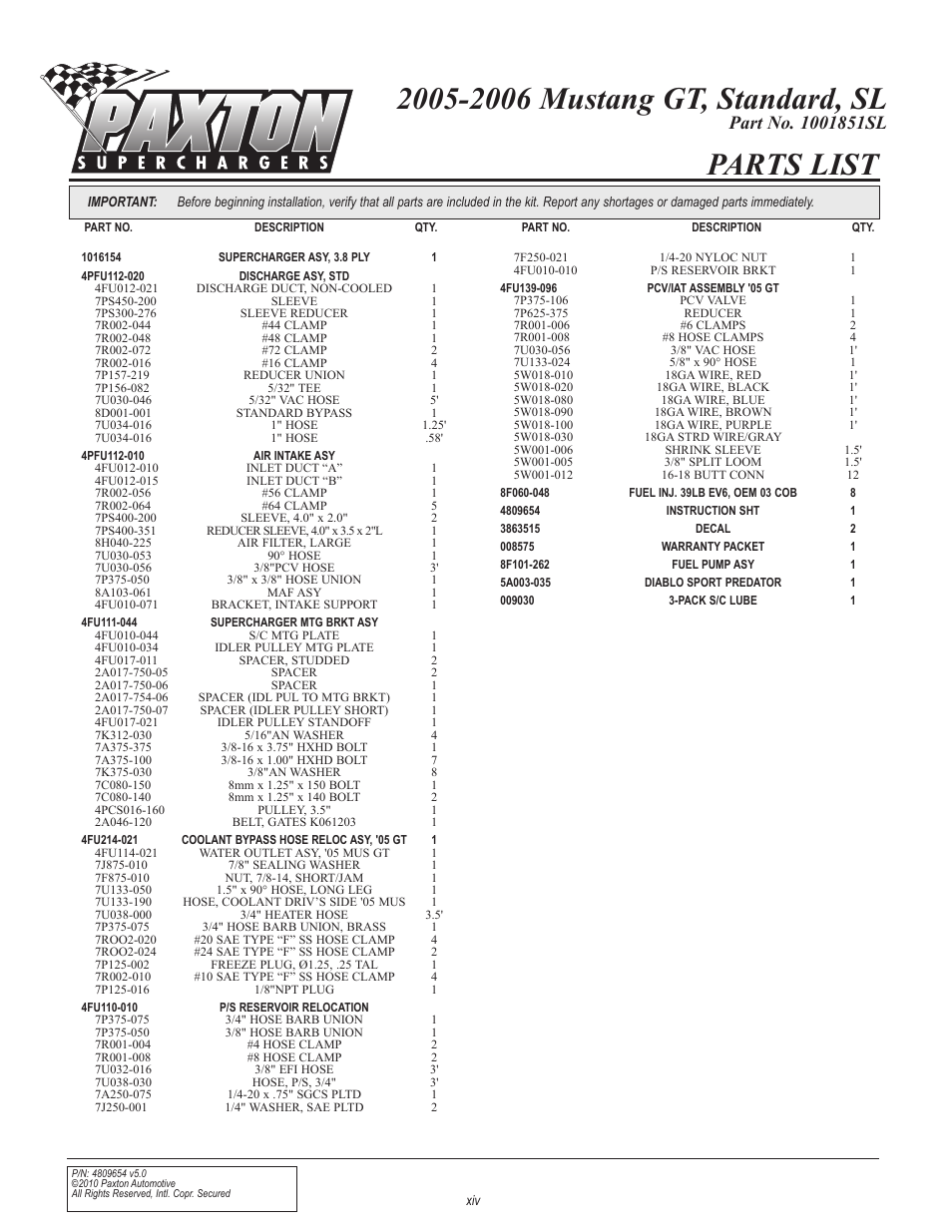 Parts list | Paxton Superchargers Ford Mustang GT User Manual | Page 14 / 85