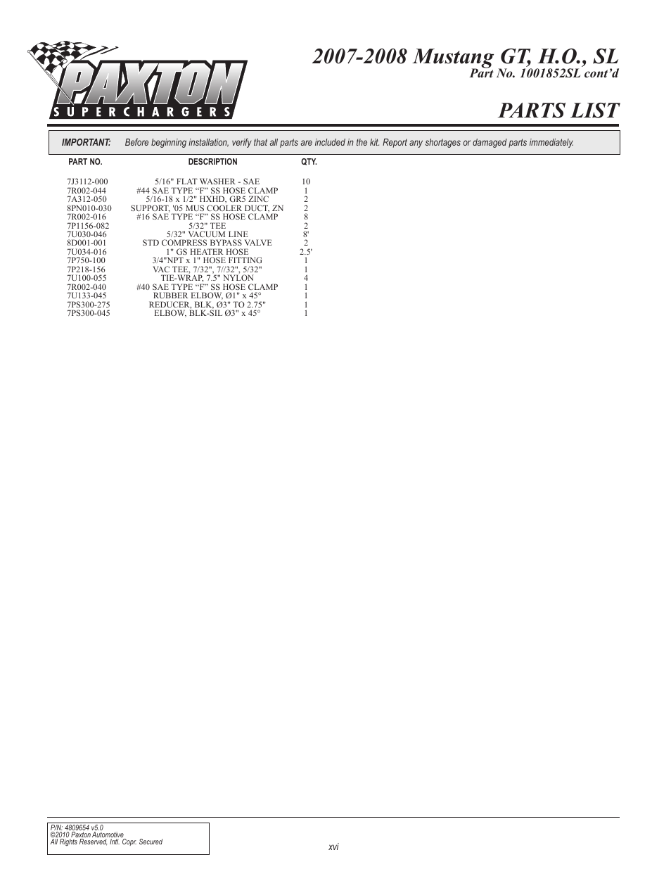 Parts list | Paxton Superchargers Ford Mustang GT User Manual | Page 16 / 85