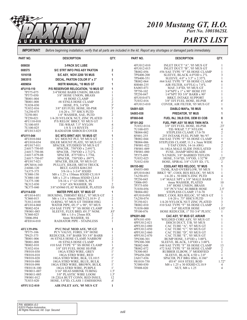 Parts list, 2010 mustang gt, h.o | Paxton Superchargers Ford Mustang GT User Manual | Page 18 / 85