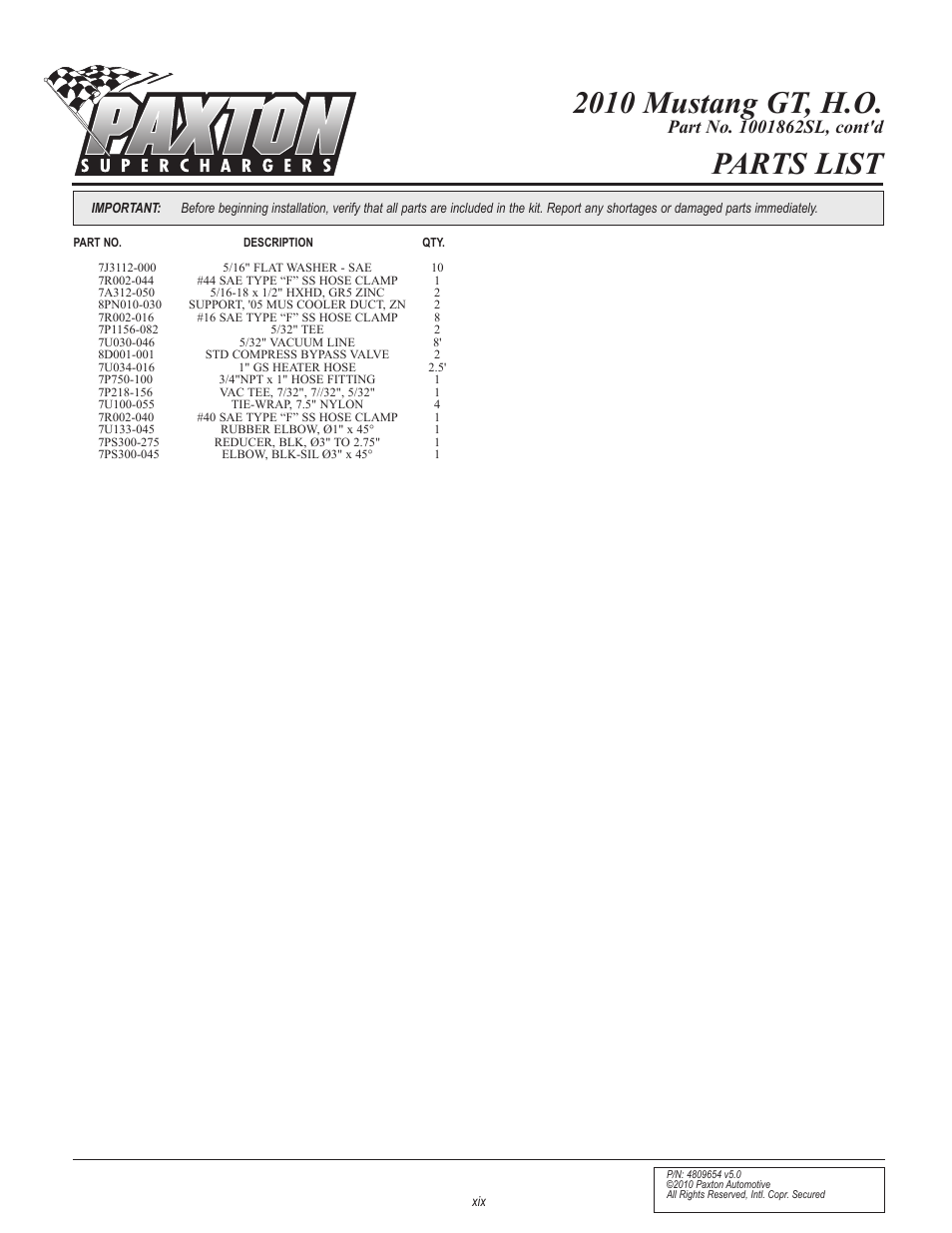 Parts list, 2010 mustang gt, h.o | Paxton Superchargers Ford Mustang GT User Manual | Page 19 / 85