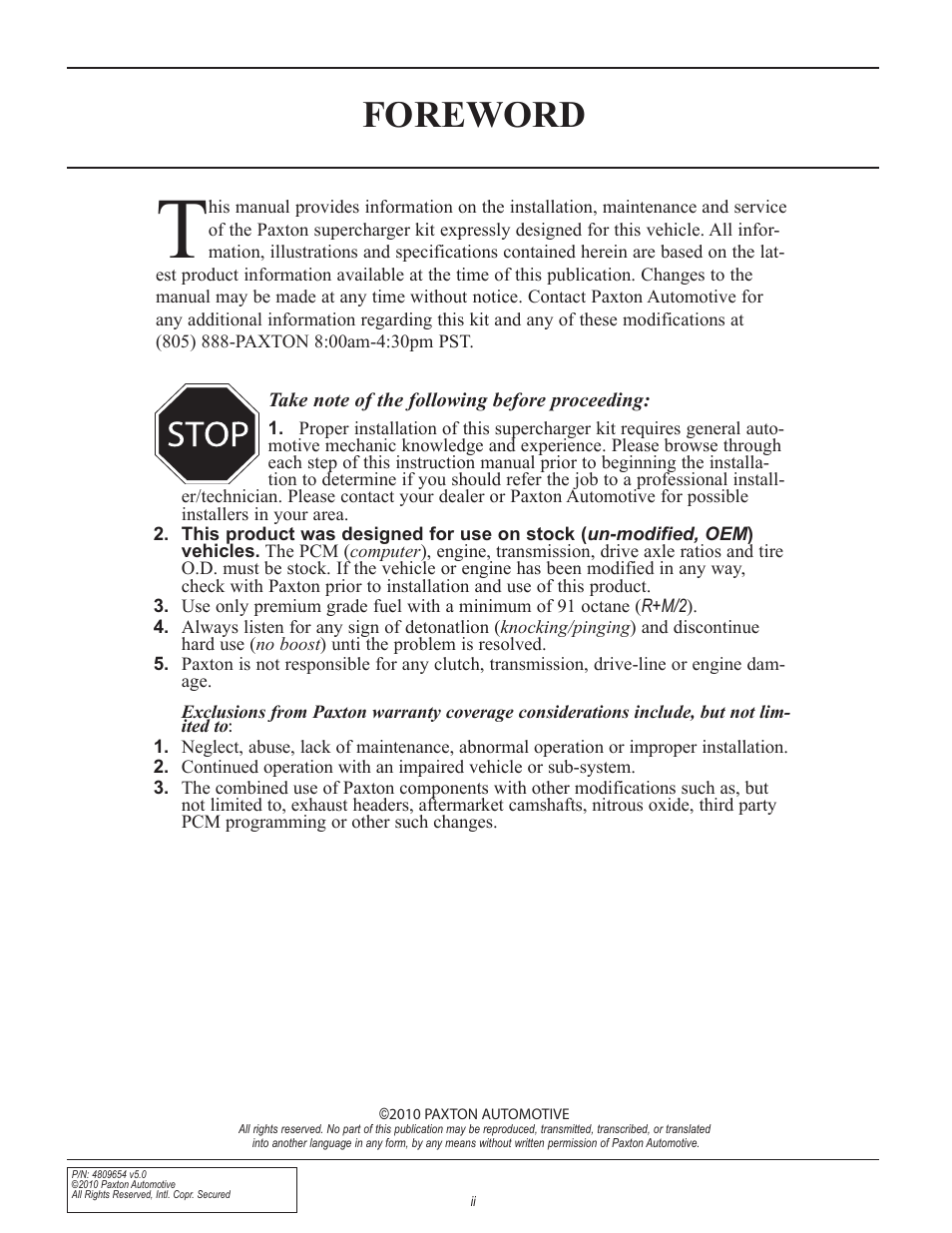 Foreword | Paxton Superchargers Ford Mustang GT User Manual | Page 2 / 85