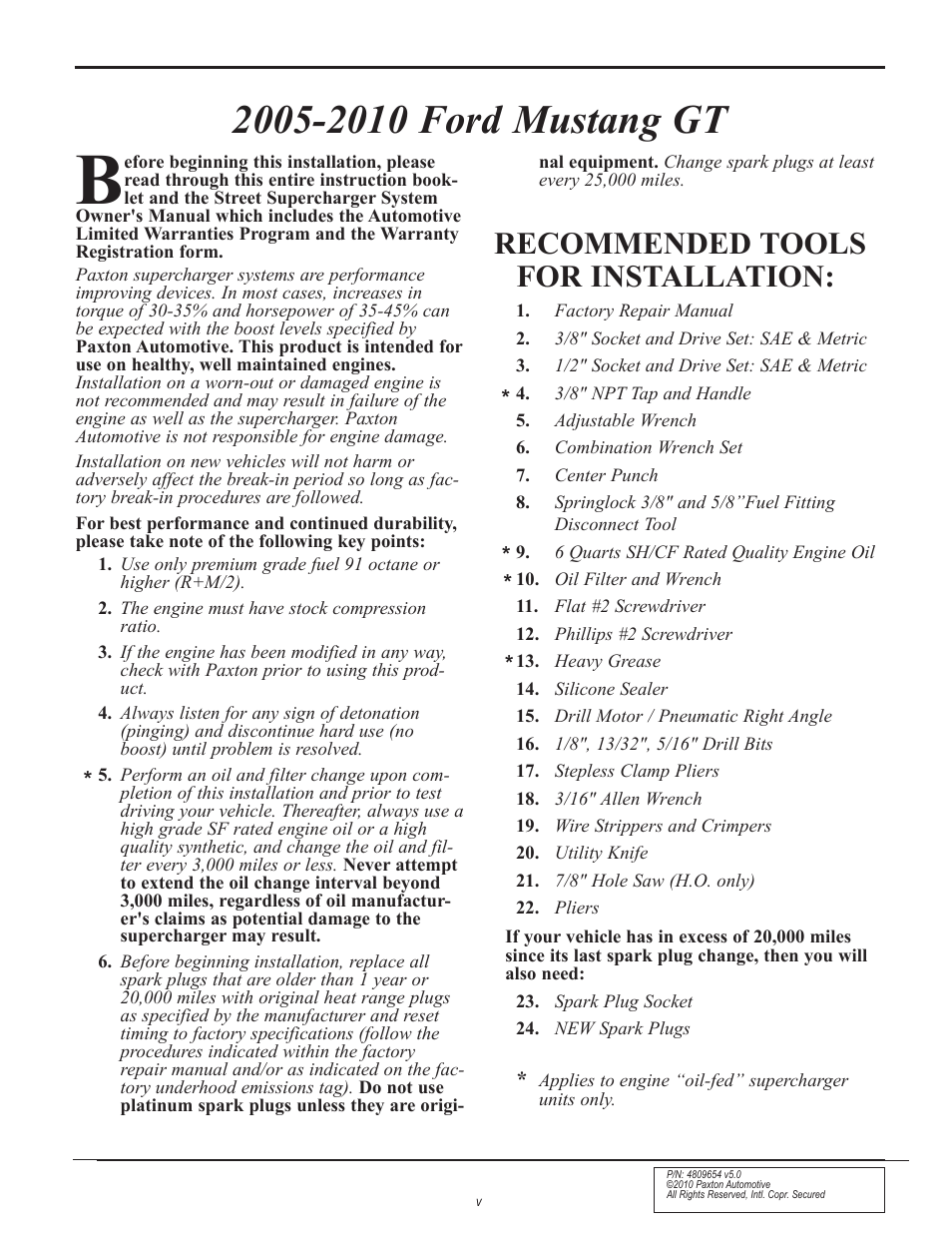 Recommended tools for installation | Paxton Superchargers Ford Mustang GT User Manual | Page 5 / 85