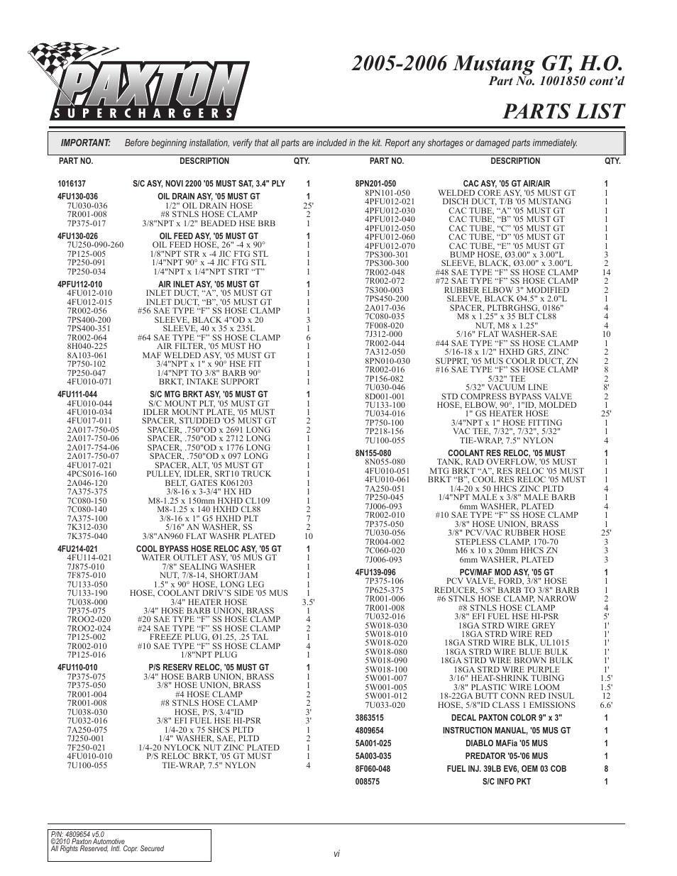 Parts list | Paxton Superchargers Ford Mustang GT User Manual | Page 6 / 85