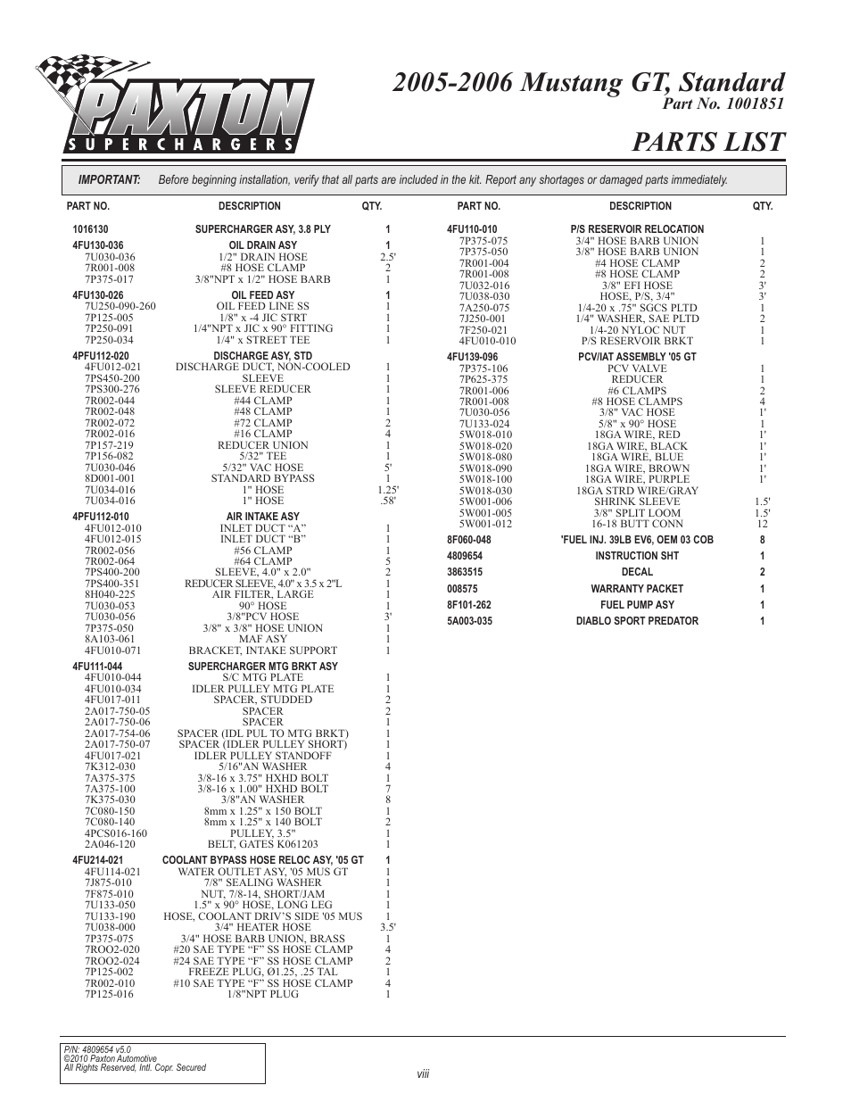 Parts list | Paxton Superchargers Ford Mustang GT User Manual | Page 8 / 85