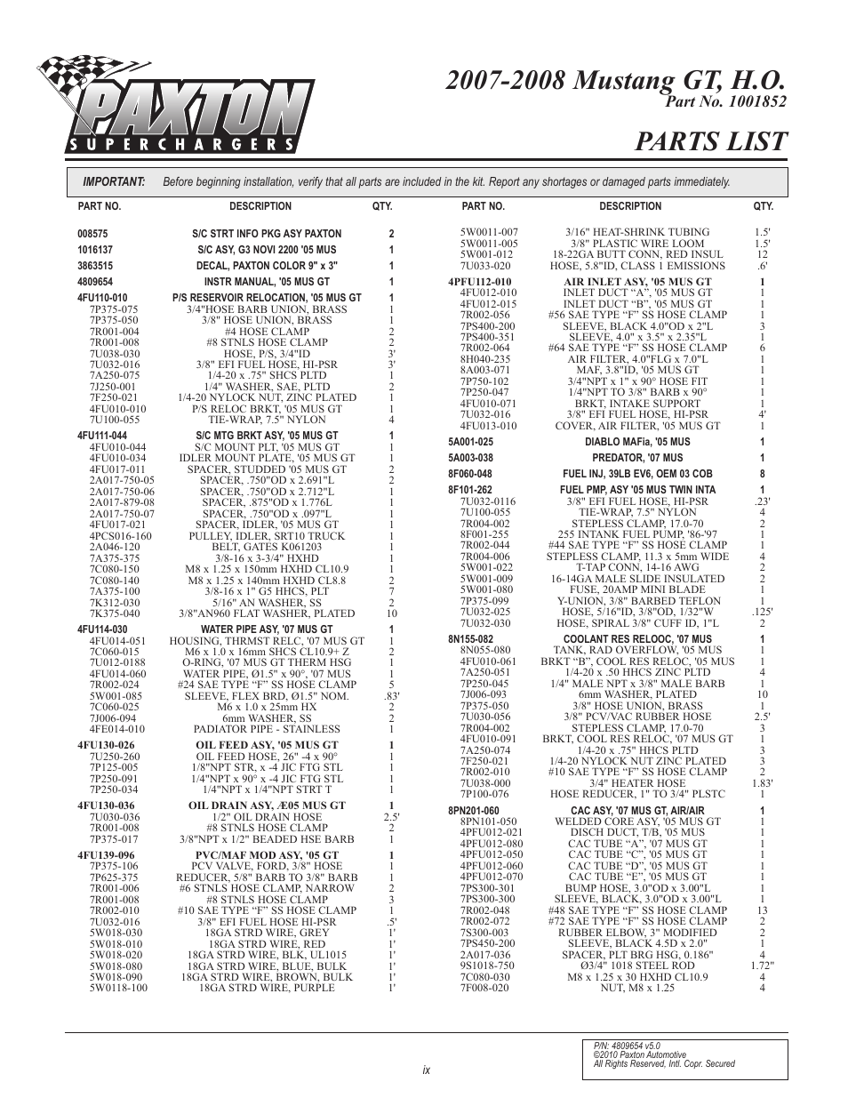 Parts list | Paxton Superchargers Ford Mustang GT User Manual | Page 9 / 85