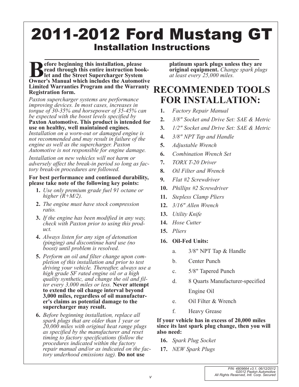 Recommended tools for installation, Installation instructions | Paxton Superchargers Ford 5.0L Mustang GT User Manual | Page 5 / 69