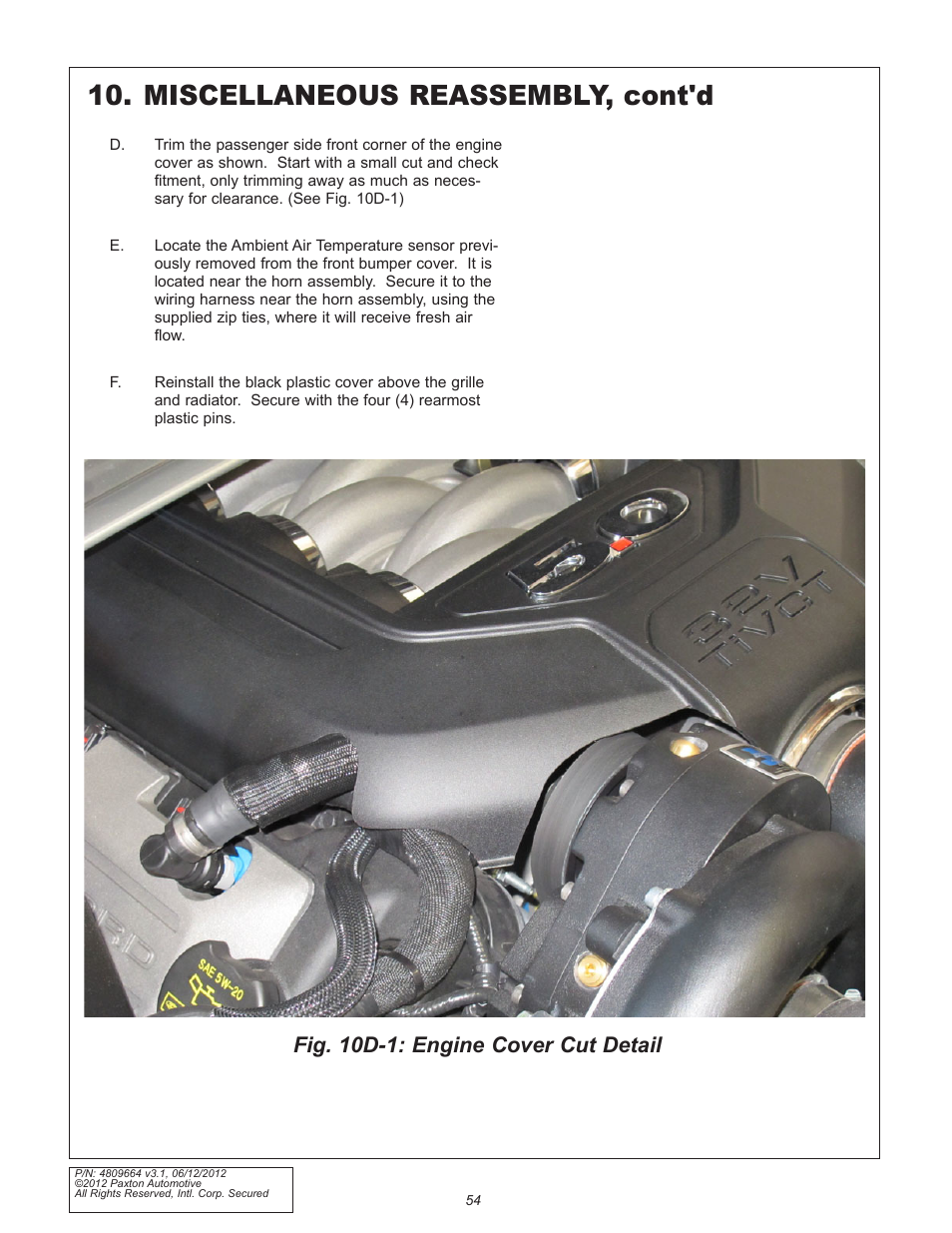 Miscellaneous reassembly, cont'd, Fig. 10d-1: engine cover cut detail | Paxton Superchargers Ford 5.0L Mustang GT User Manual | Page 54 / 69