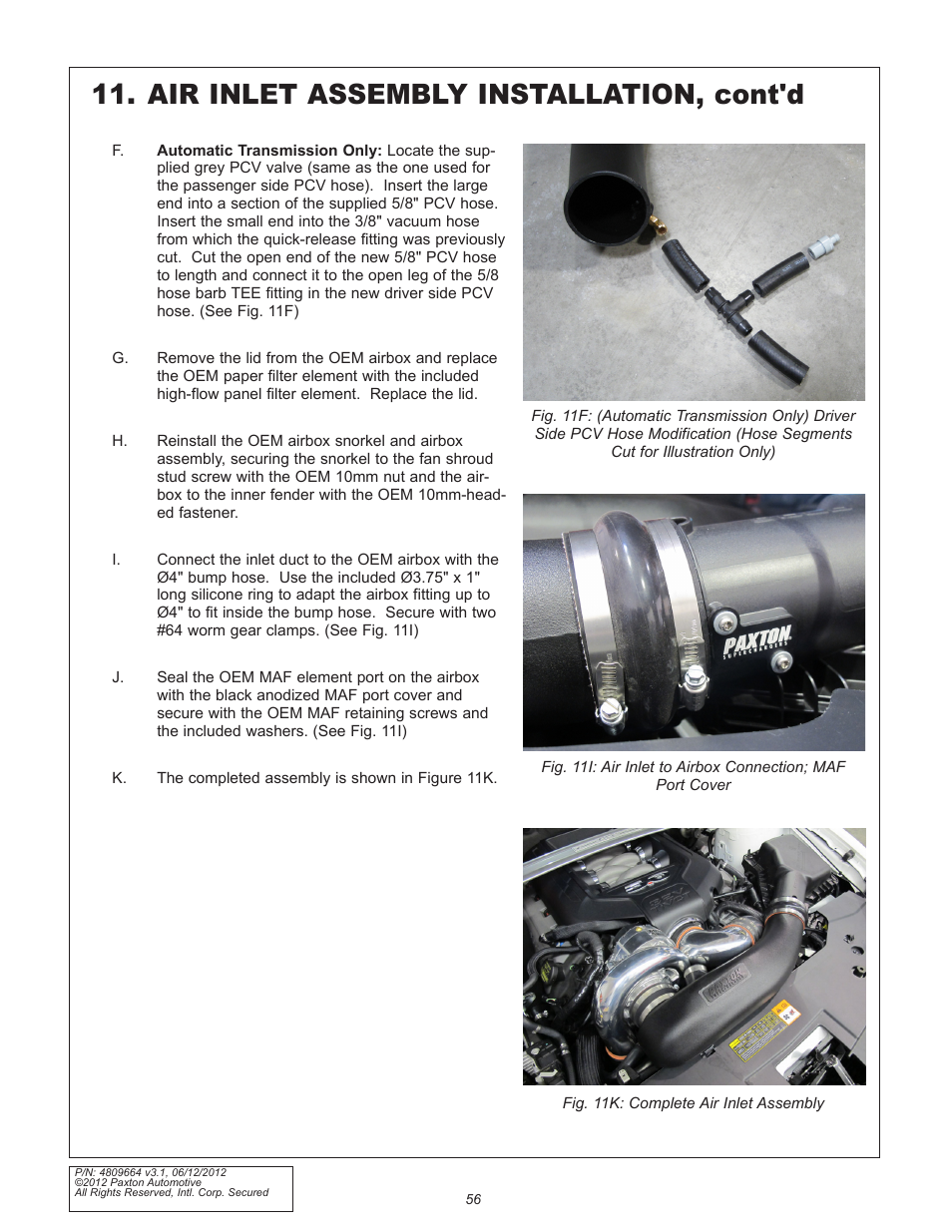 Air inlet assembly installation, cont'd | Paxton Superchargers Ford 5.0L Mustang GT User Manual | Page 56 / 69