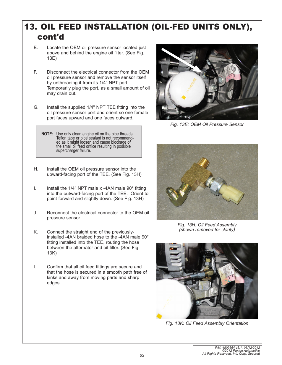 Oil feed installation (oil-fed units only), cont'd | Paxton Superchargers Ford 5.0L Mustang GT User Manual | Page 63 / 69