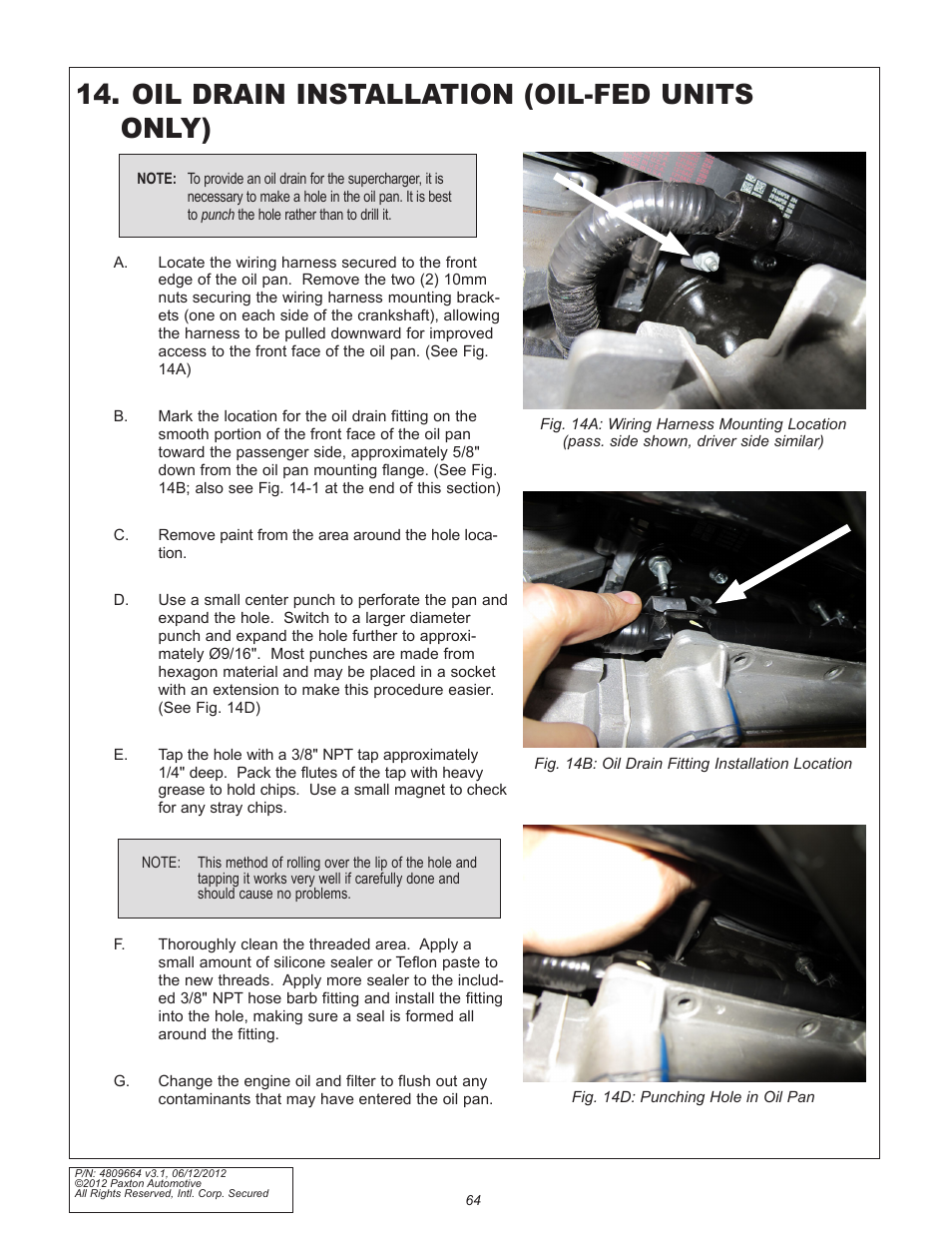 Oil drain installation (oil-fed units only) | Paxton Superchargers Ford 5.0L Mustang GT User Manual | Page 64 / 69