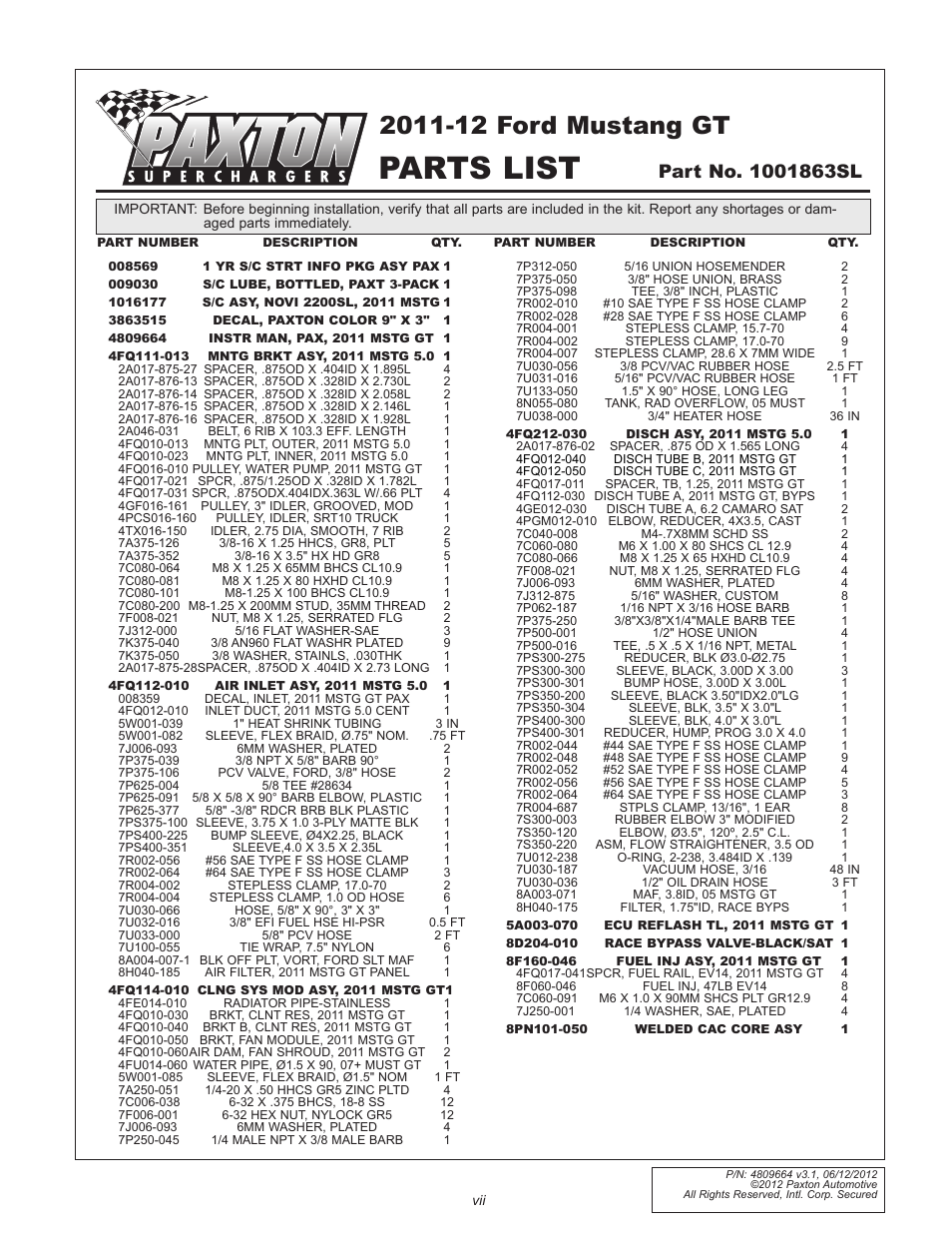 Parts list | Paxton Superchargers Ford 5.0L Mustang GT User Manual | Page 7 / 69