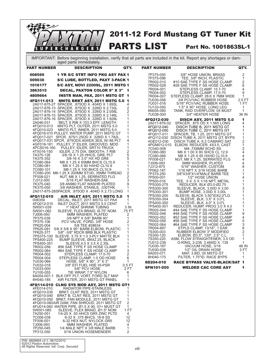 Parts list | Paxton Superchargers Ford 5.0L Mustang GT User Manual | Page 8 / 69