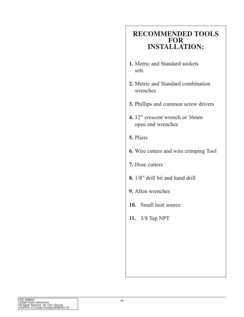 Recommended tools for installation | Paxton Superchargers Dodge Durango User Manual | Page 4 / 34