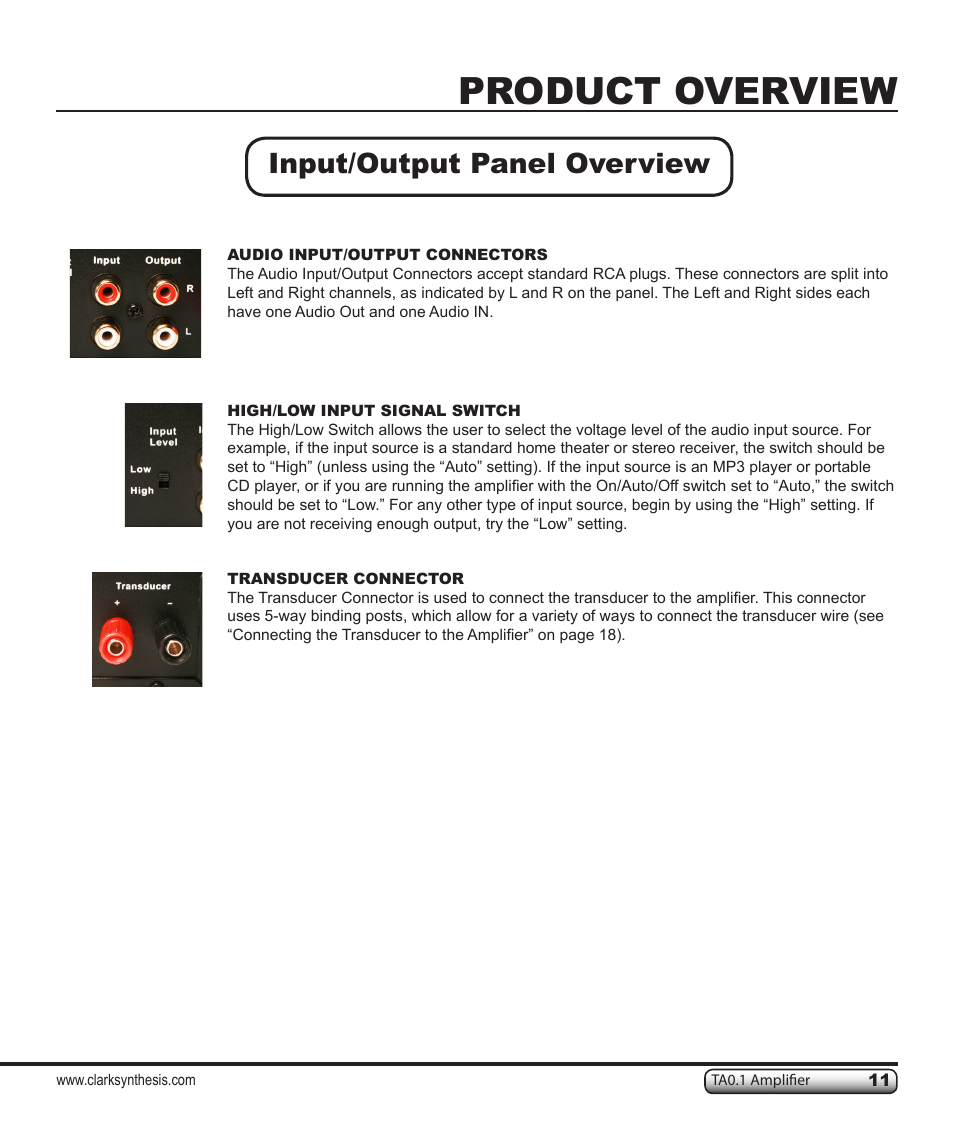 Product overview, Input/output panel overview | Clark Synthesis TACTILE SOUND TA0.1 User Manual | Page 11 / 28