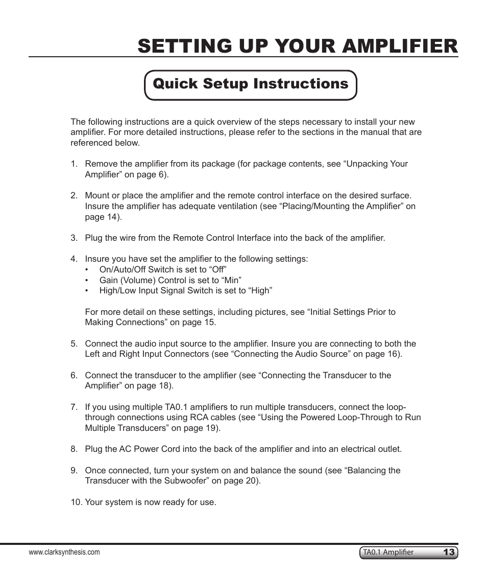 Setting up your amplifier, Quick setup instructions | Clark Synthesis TACTILE SOUND TA0.1 User Manual | Page 13 / 28