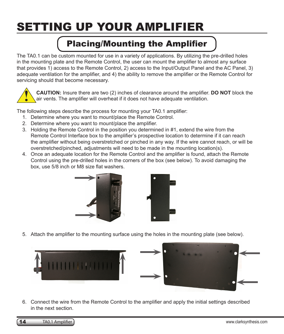 Setting up your amplifier, Placing/mounting the amplifier | Clark Synthesis TACTILE SOUND TA0.1 User Manual | Page 14 / 28