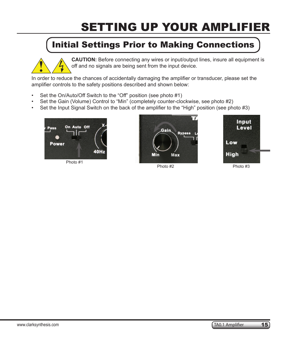 Setting up your amplifier, Initial settings prior to making connections | Clark Synthesis TACTILE SOUND TA0.1 User Manual | Page 15 / 28