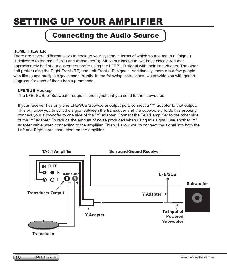 Setting up your amplifier, Connecting the audio source | Clark Synthesis TACTILE SOUND TA0.1 User Manual | Page 16 / 28