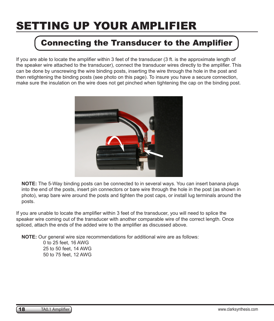 Setting up your amplifier, Connecting the transducer to the amplifier | Clark Synthesis TACTILE SOUND TA0.1 User Manual | Page 18 / 28