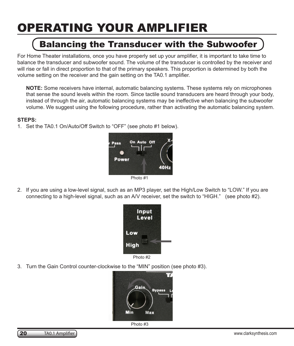 Operating your amplifier, Balancing the transducer with the subwoofer | Clark Synthesis TACTILE SOUND TA0.1 User Manual | Page 20 / 28