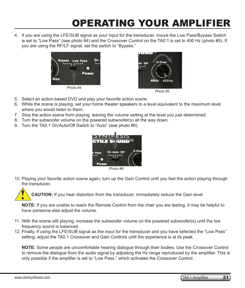 Operating your amplifier | Clark Synthesis TACTILE SOUND TA0.1 User Manual | Page 21 / 28