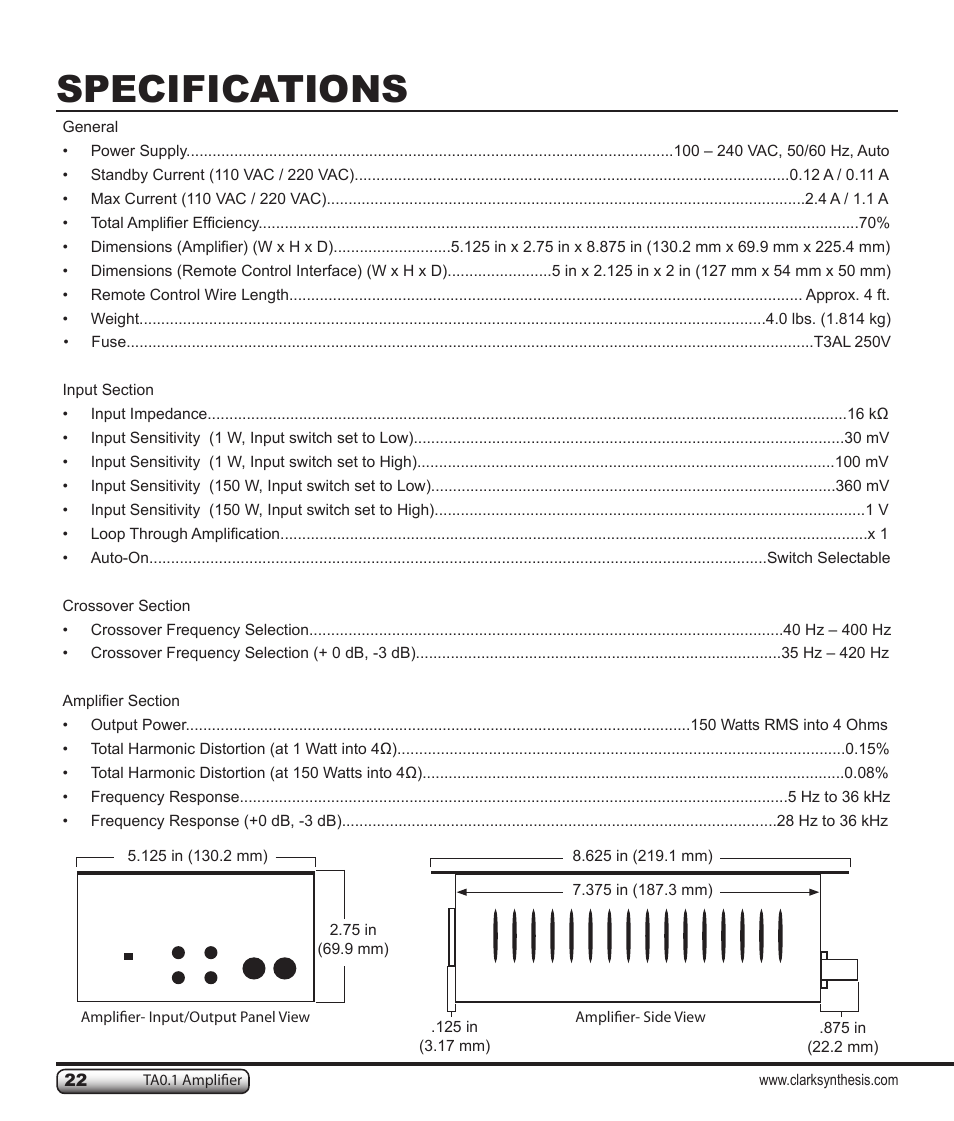 Specifications | Clark Synthesis TACTILE SOUND TA0.1 User Manual | Page 22 / 28